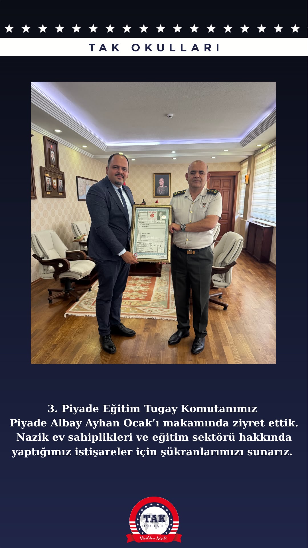 3. Piyade Eğitim Tugayı Komutanı Piyade Albay Ayhan Ocak'a Ziyaret Gerçekleştirdik